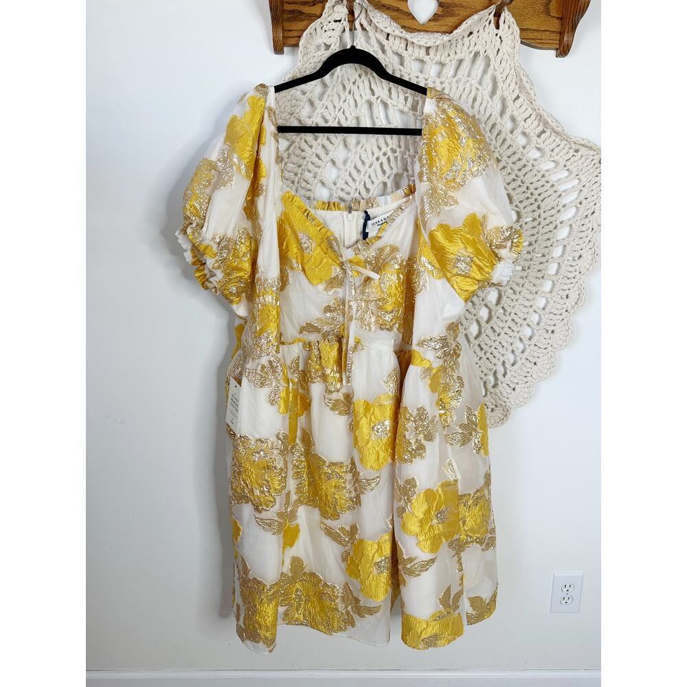 NEW JessaKae Beaumont Gold Metallic Floral Puff Sleeve Fit And Flare Dress 5X